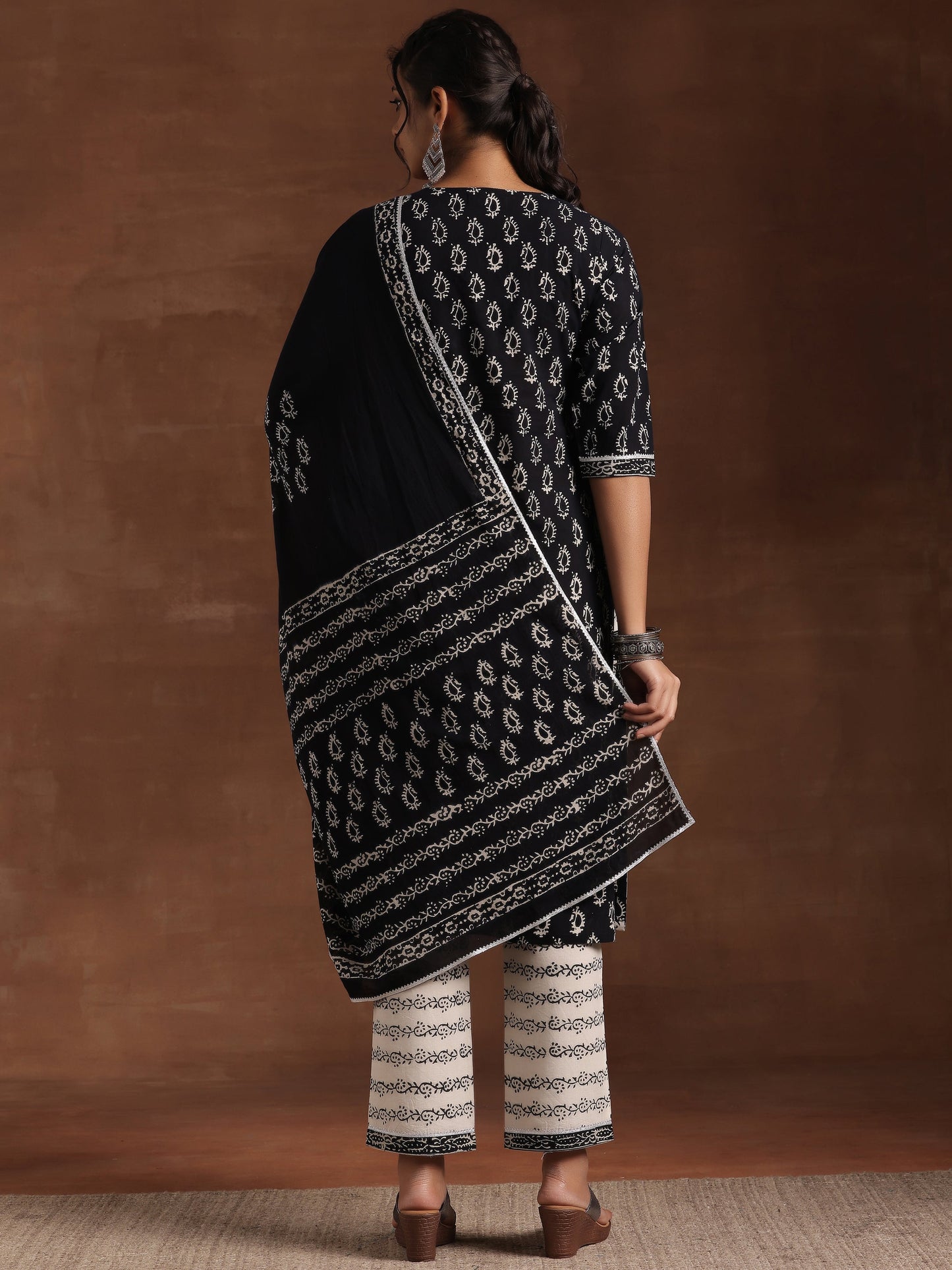 Black Printed Cotton Straight Suit With Dupatta