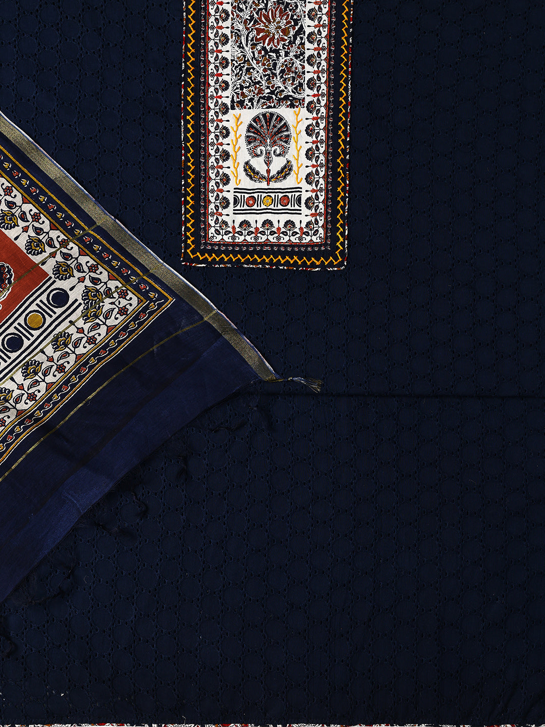 Navy Blue Printed Cotton Dress Material With Dupatta
