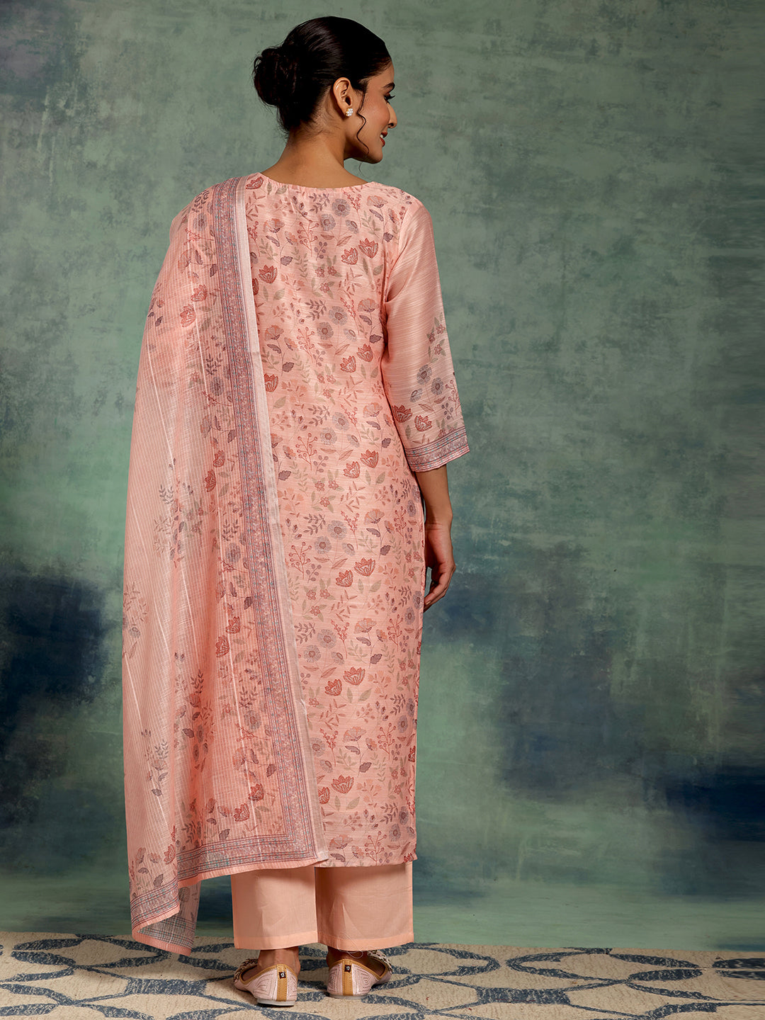 Peach Printed Chanderi Silk Straight Suit Set With Dupatta
