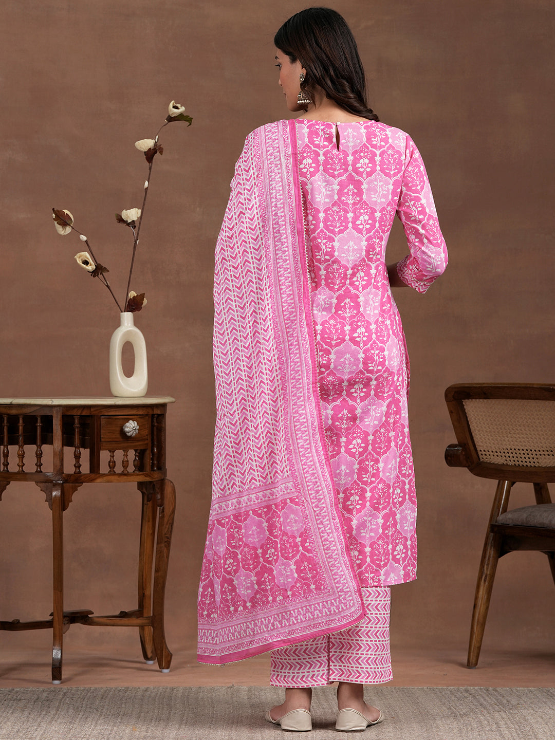 Pink Printed Cotton Straight Suit With Dupatta