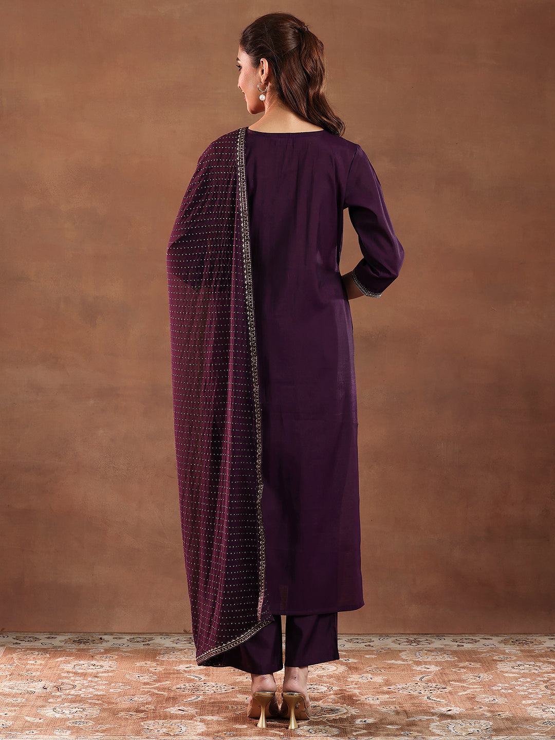 Wine Embroidered Silk Blend Straight Suit With Dupatta