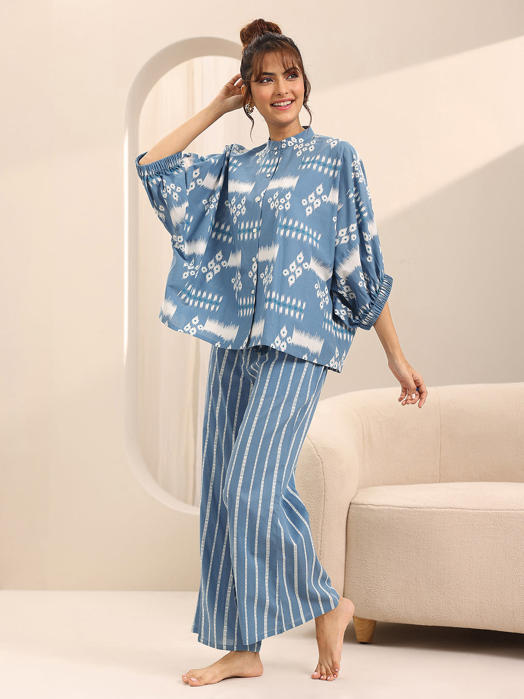Blue Printed Cotton Night Suits