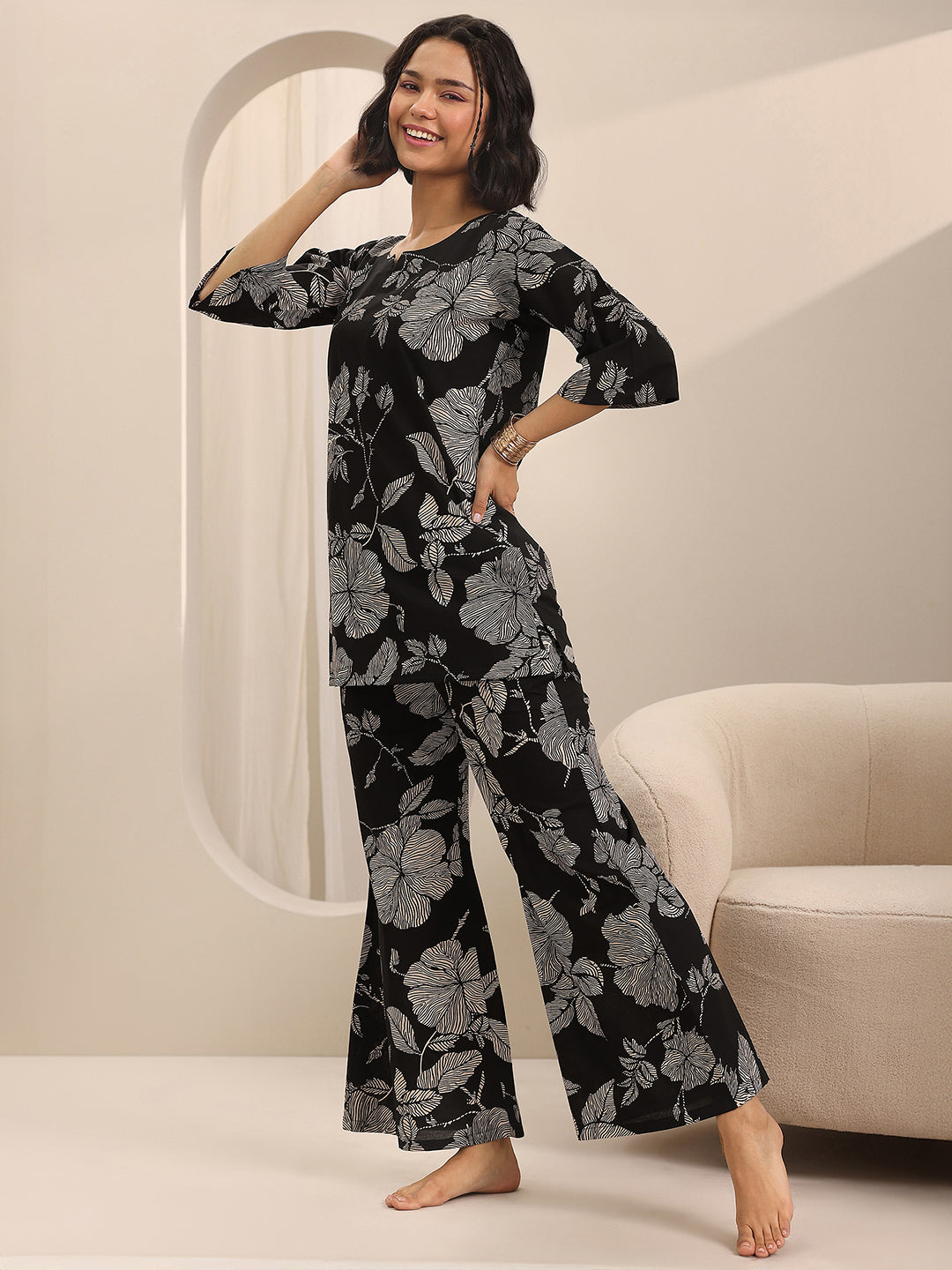 Black Printed Cotton Night Suits