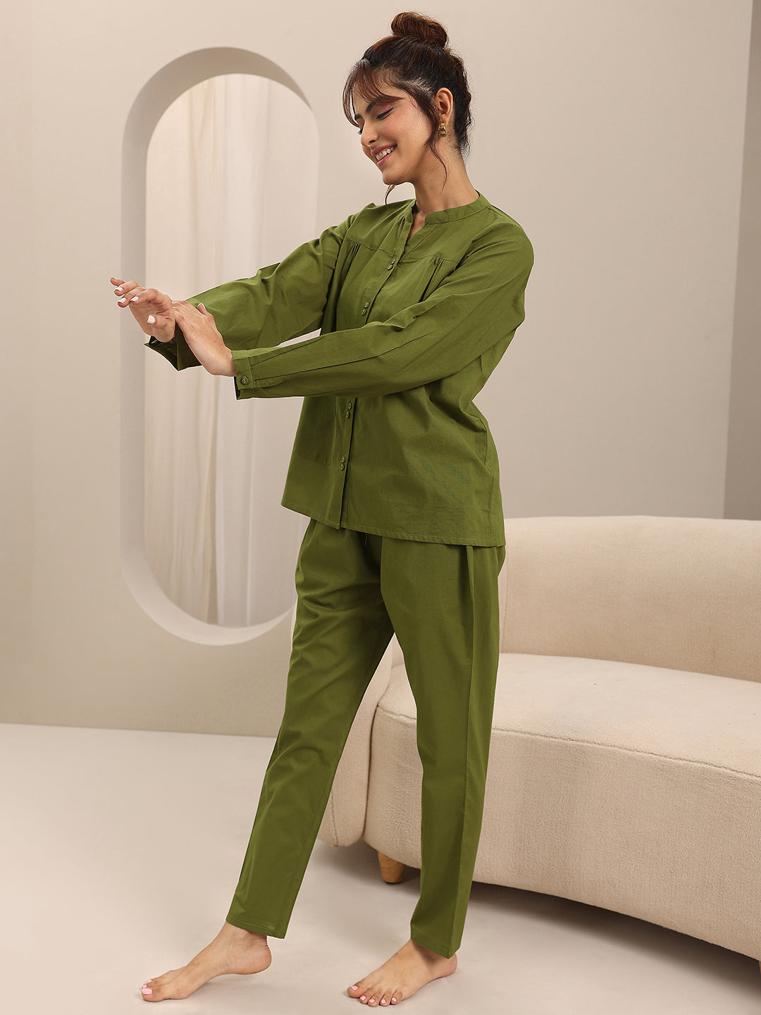 Olive Solid Cotton Night Suits