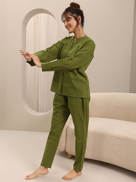 Olive Solid Cotton Night Suits