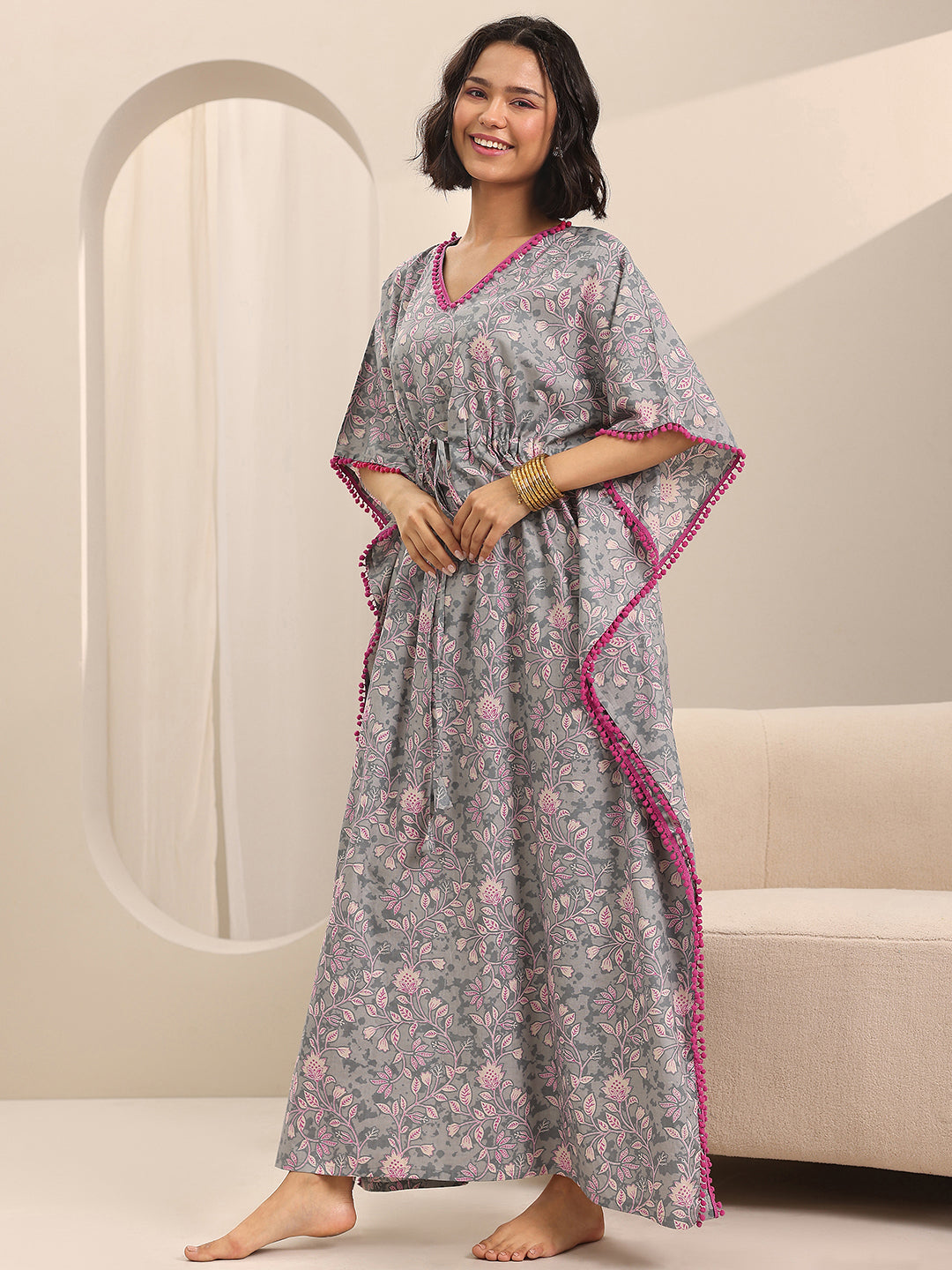 Grey Printed Cotton Kaftan Night Dress