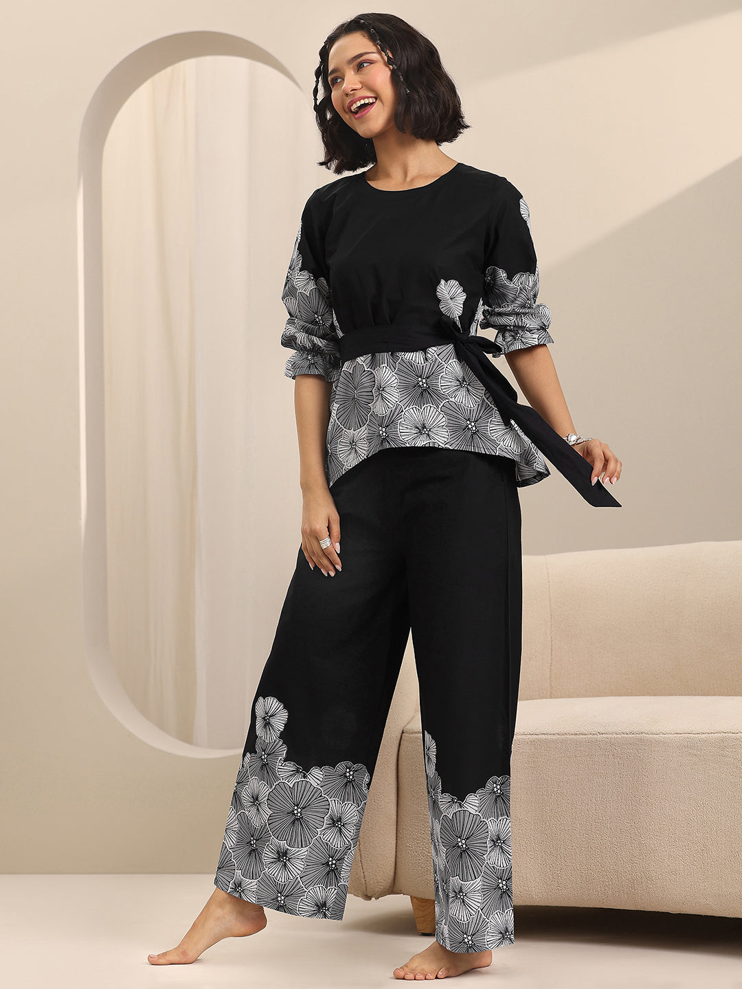 Black Printed Cotton Night Suits