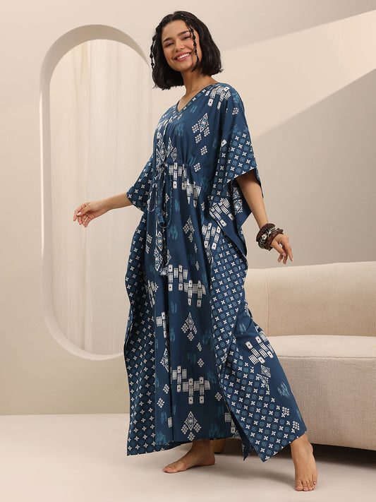 Blue Printed Cotton Kaftan Night Dress