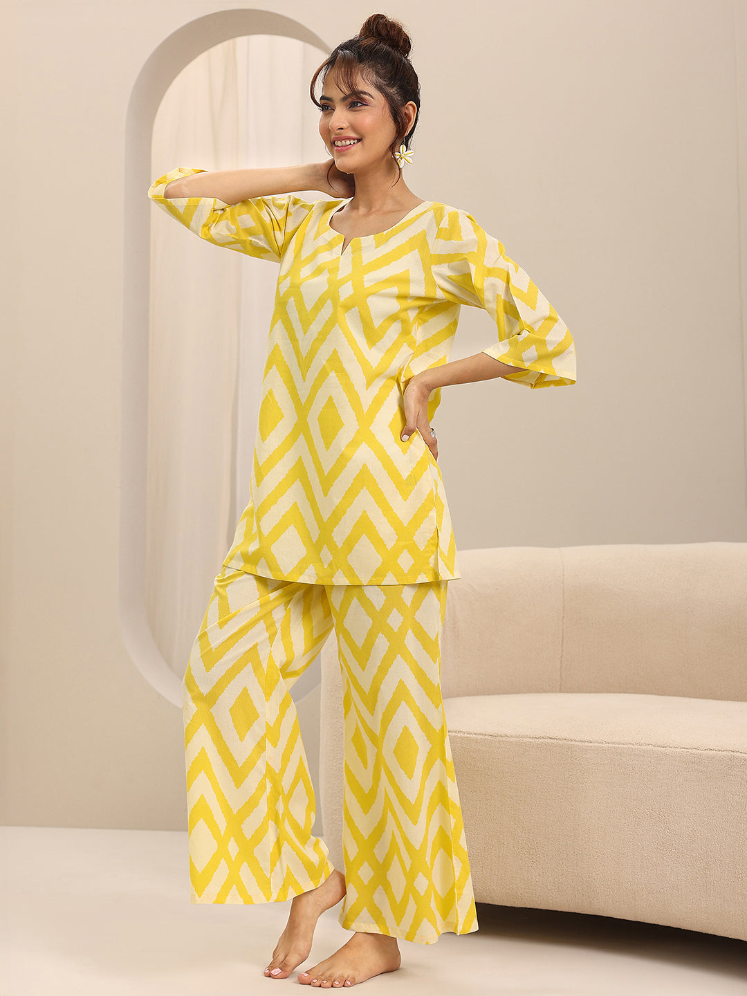 Yellow Printed Cotton Night Suits