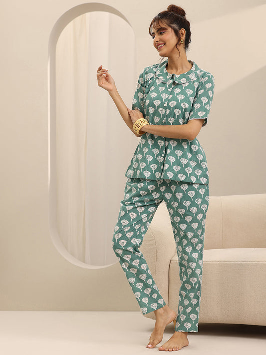 Sea Green Printed Cotton Night Suits