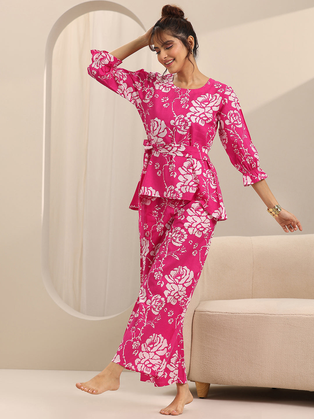 Pink Printed Cotton Night Suits