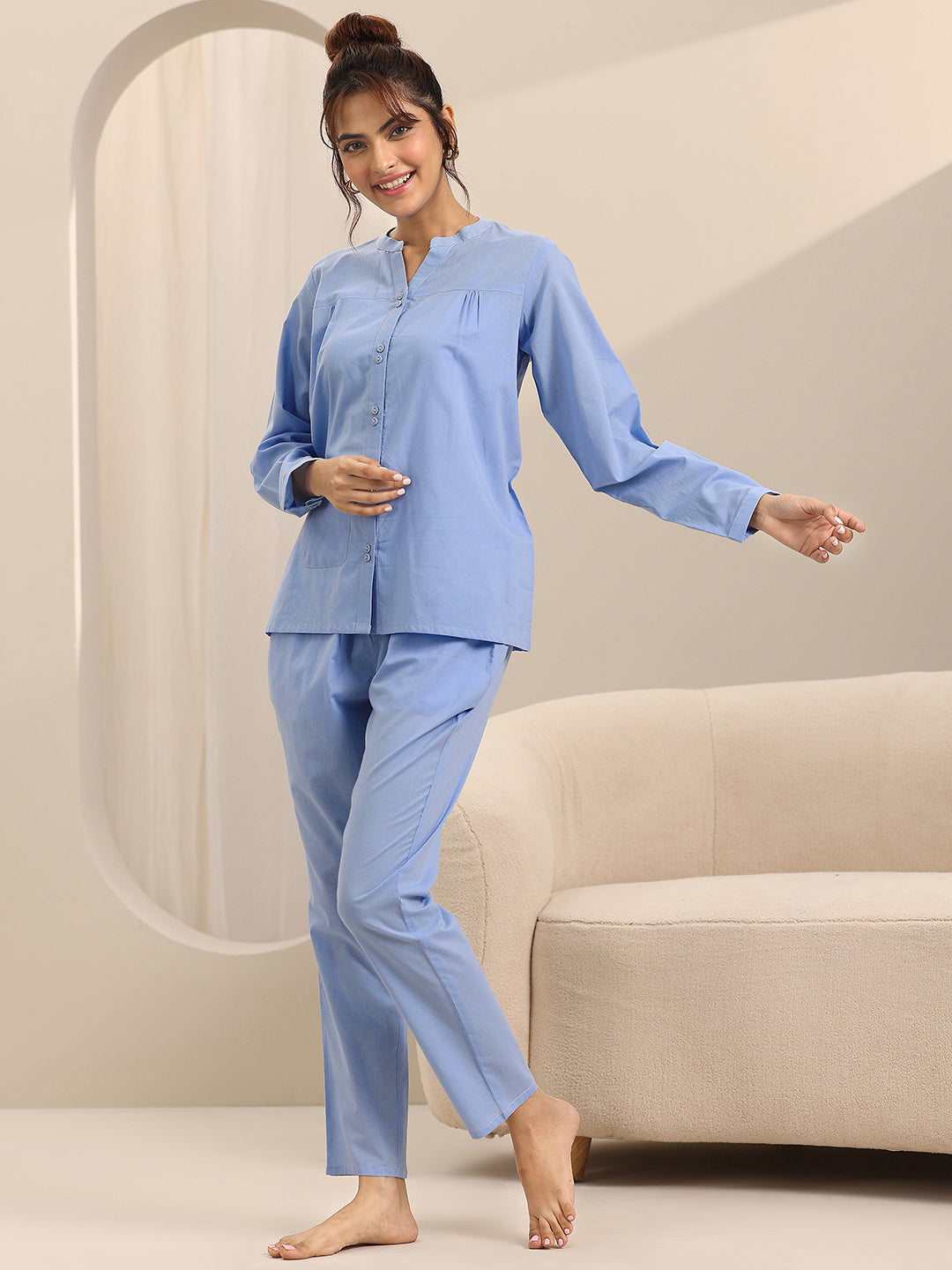 Blue Solid Cotton Night Suits