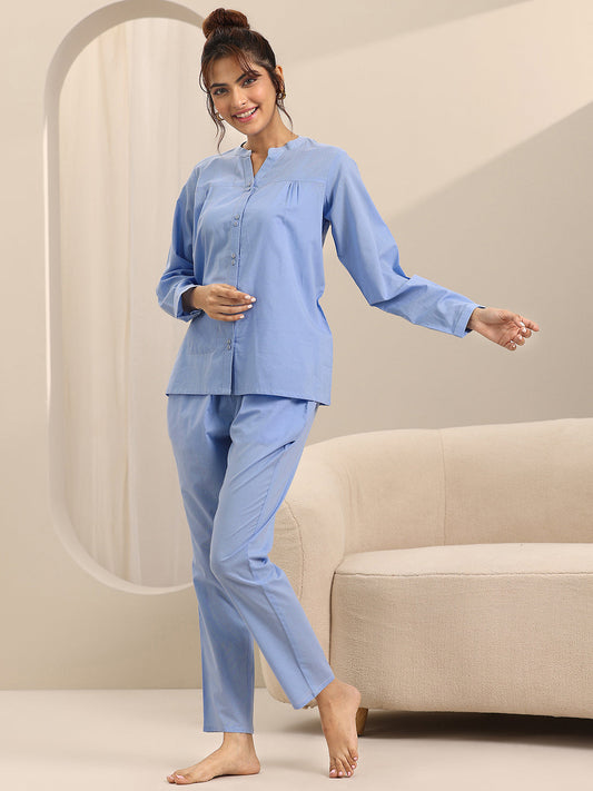 Blue Solid Cotton Night Suits