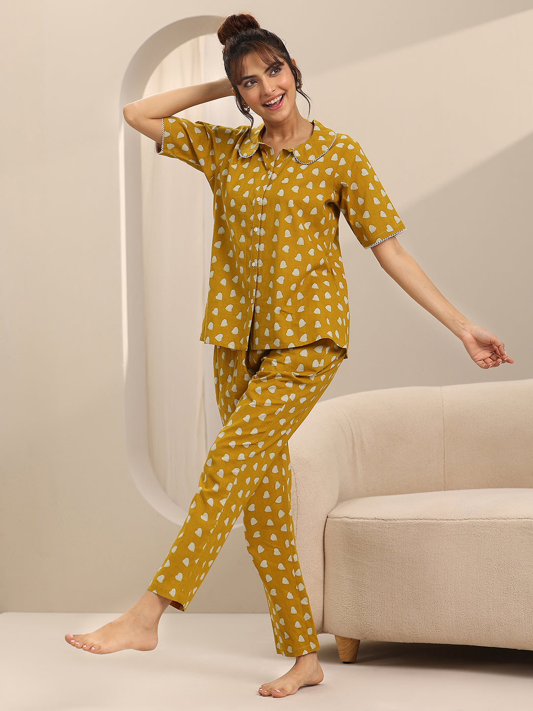 Mustard Printed Cotton Night Suits