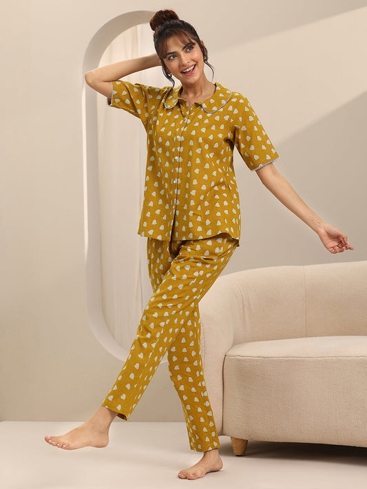 Mustard Printed Cotton Night Suits