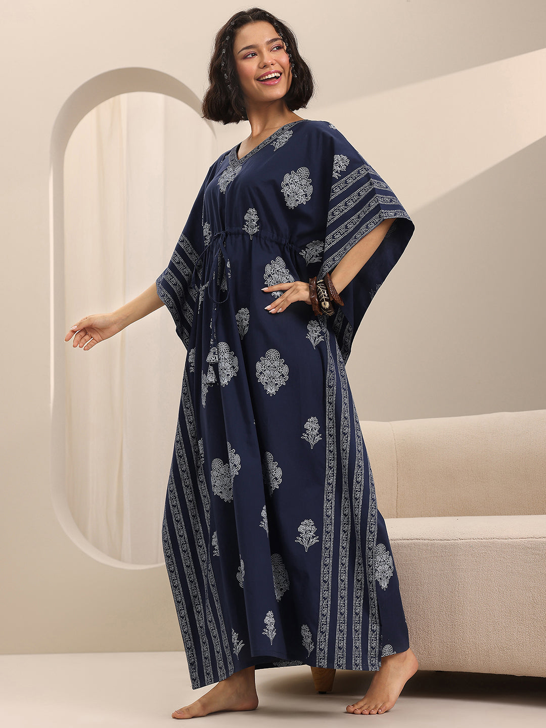 Blue Printed Cotton Kaftan Night Dress