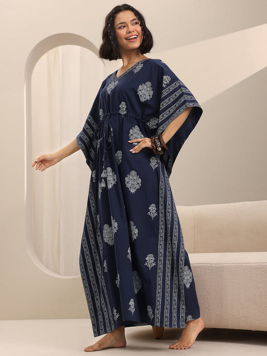 Blue Printed Cotton Kaftan Night Dress