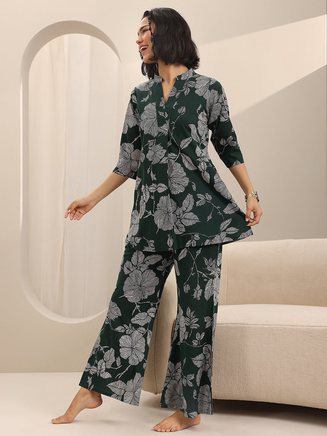 Green Printed Cotton Night Suits