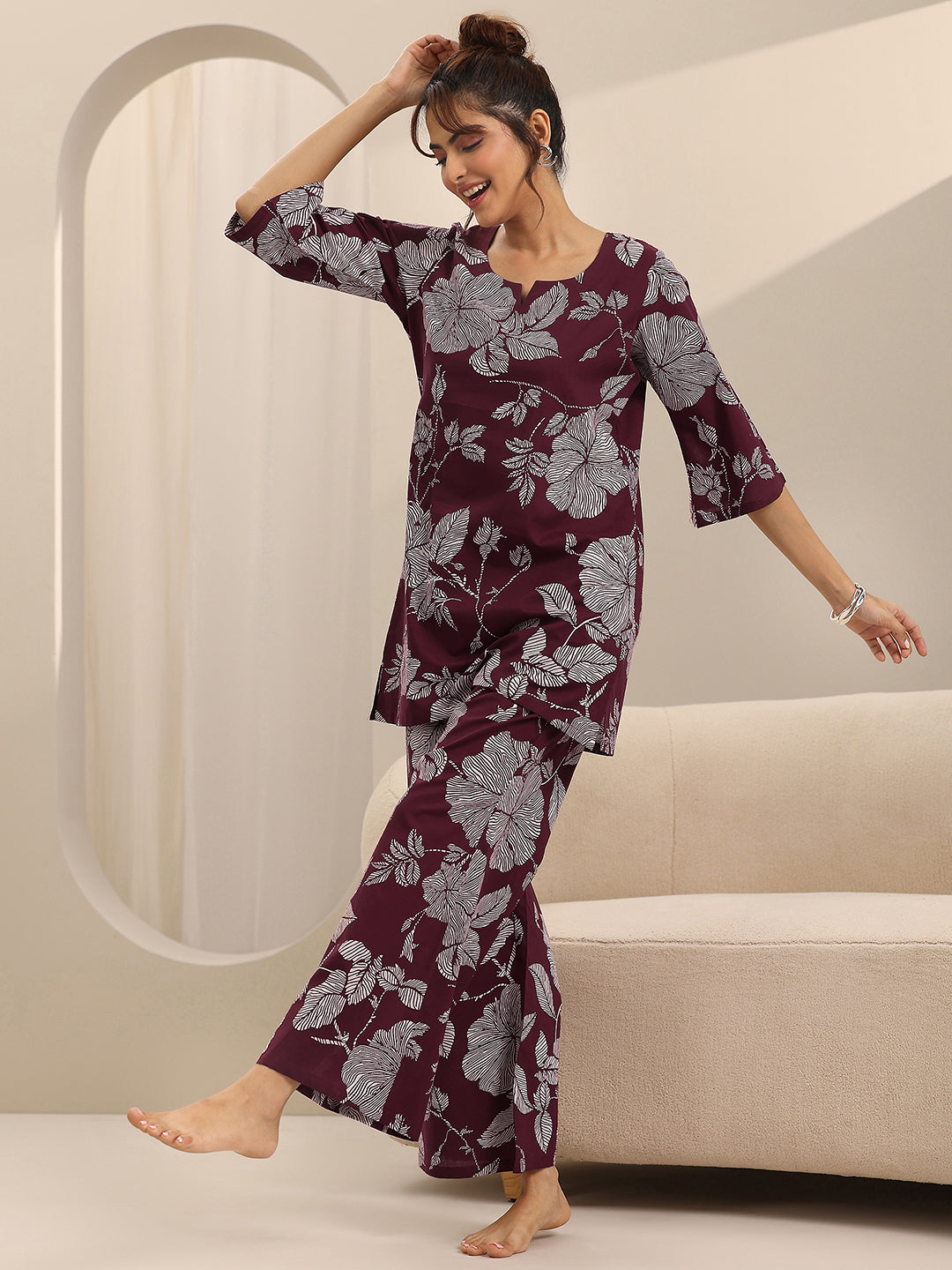 Burgundy Printed Cotton Night Suits