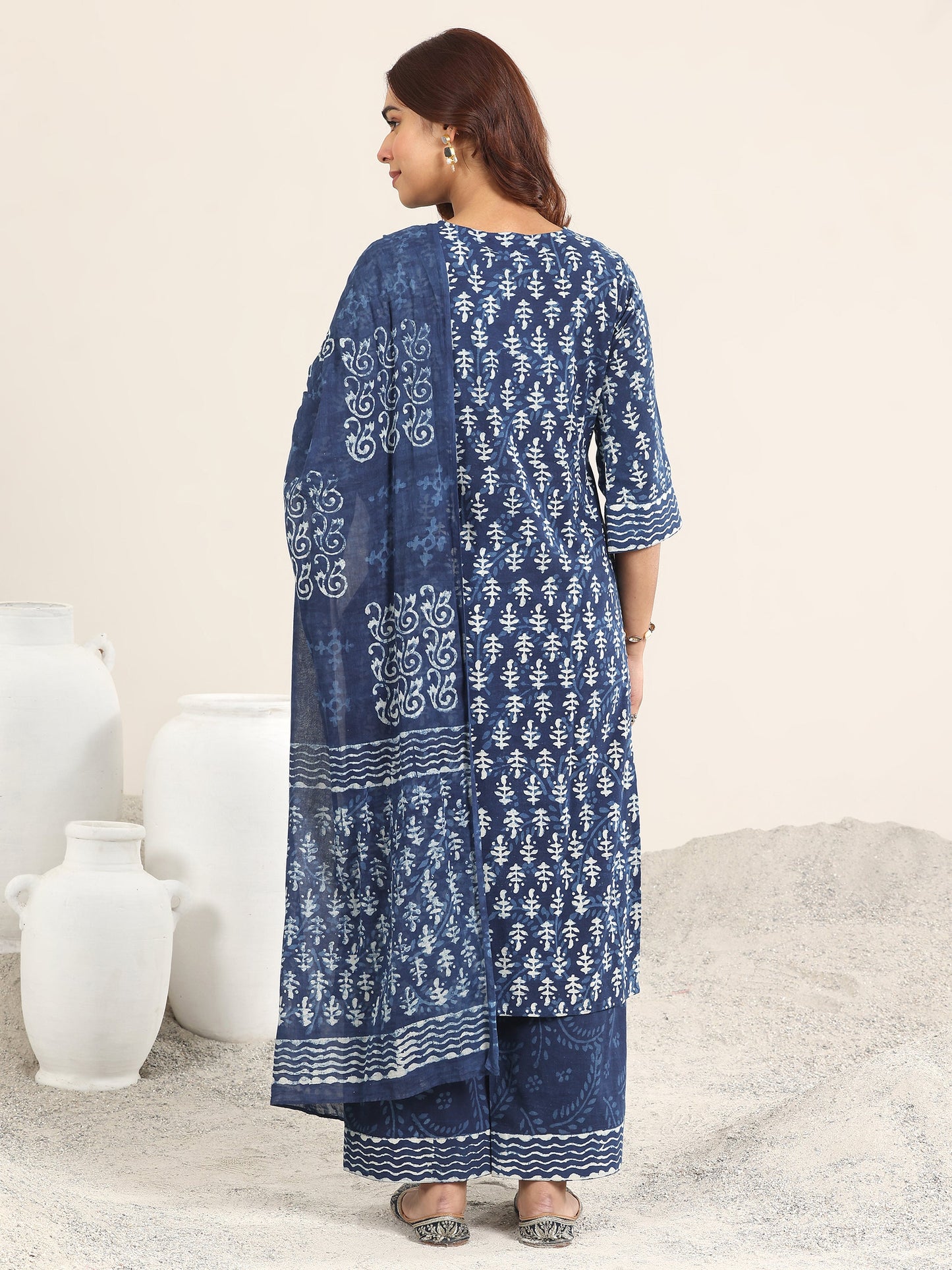 Indigo Printed Cotton Straight Suit With Dupatta