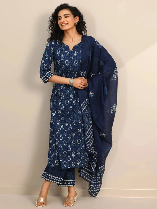 Indigo Printed Cotton Straight Suit Set With Dupatta