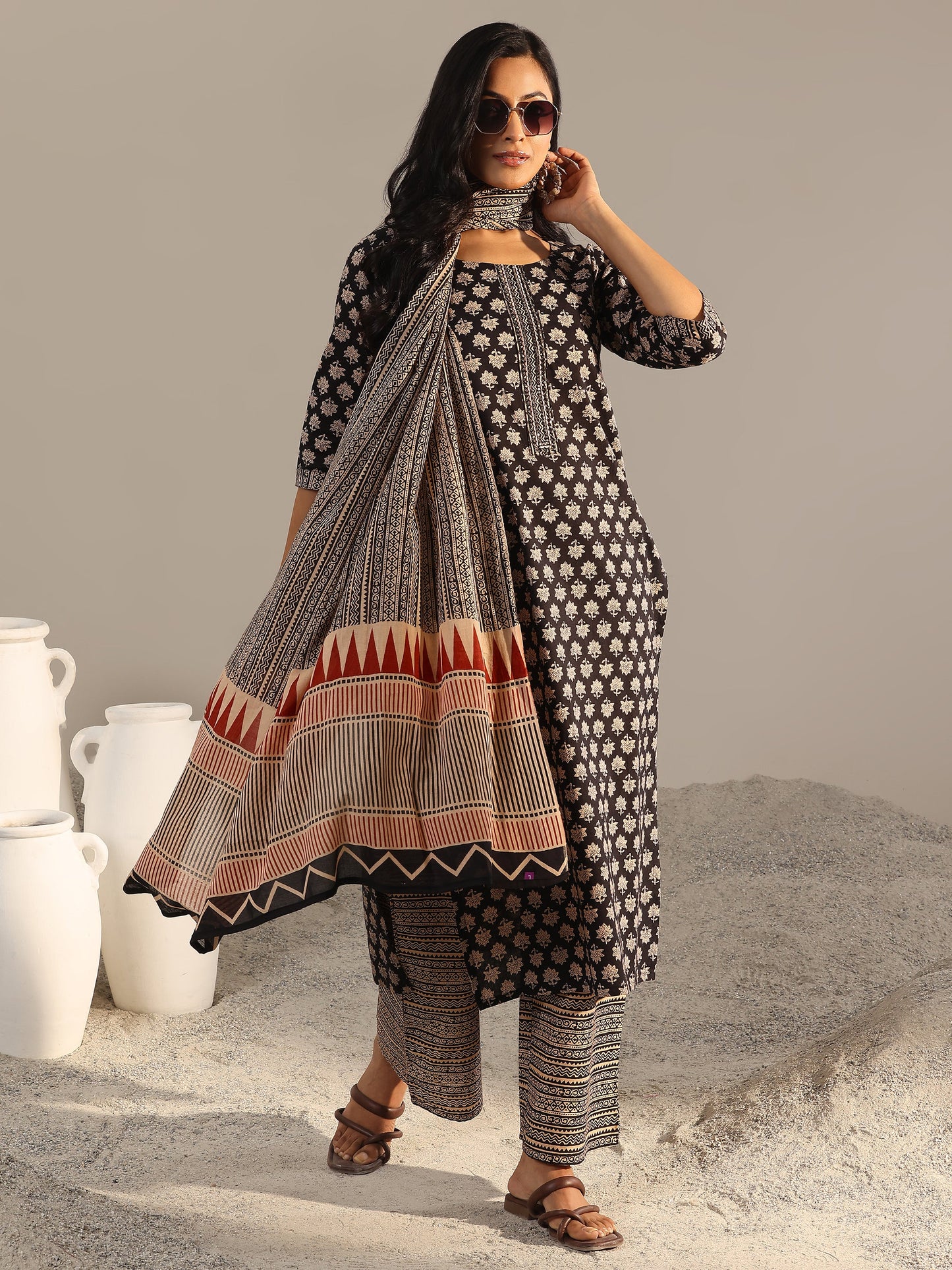 Black Printed Cotton Straight Suit With Dupatta