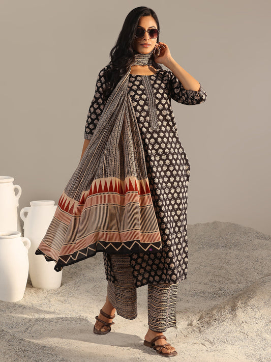 Black Printed Cotton Straight Suit With Dupatta