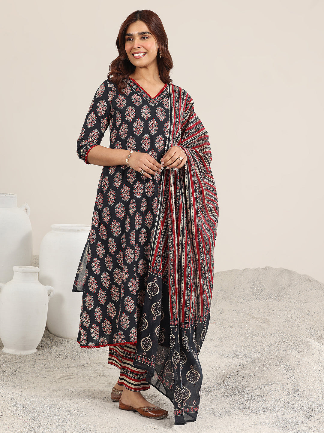 Navy Blue Printed Cotton A-Line Suit With Dupatta