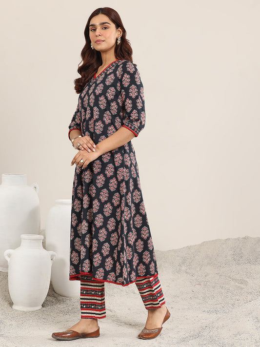 Navy Blue Printed Cotton A-Line Suit With Dupatta