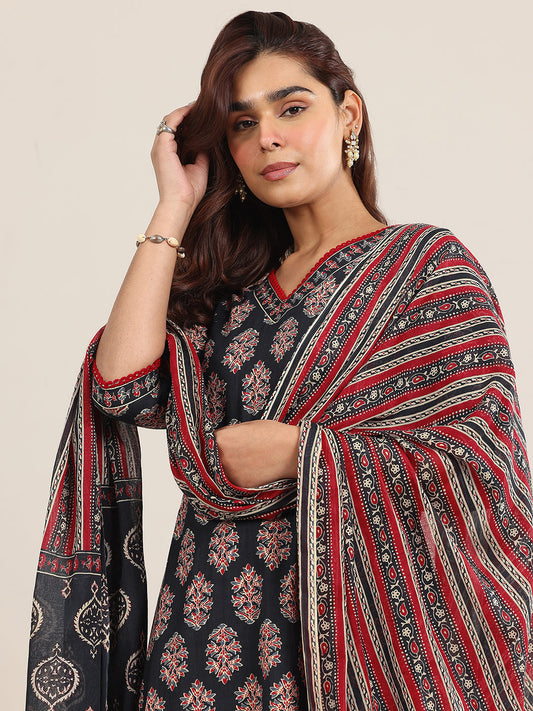 Navy Blue Printed Cotton A-Line Suit With Dupatta