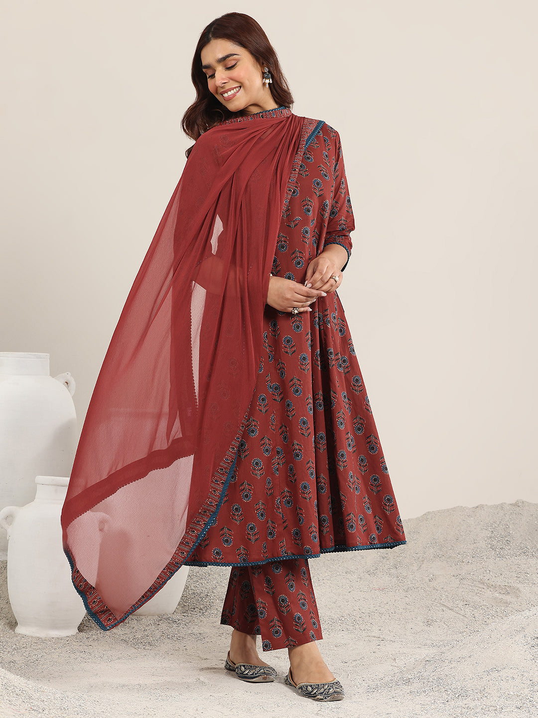 Maroon Printed Cotton A-Line Suit With Dupatta