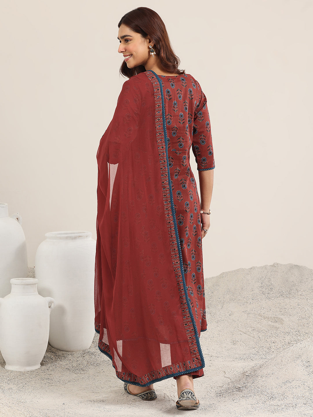 Maroon Printed Cotton A-Line Suit With Dupatta