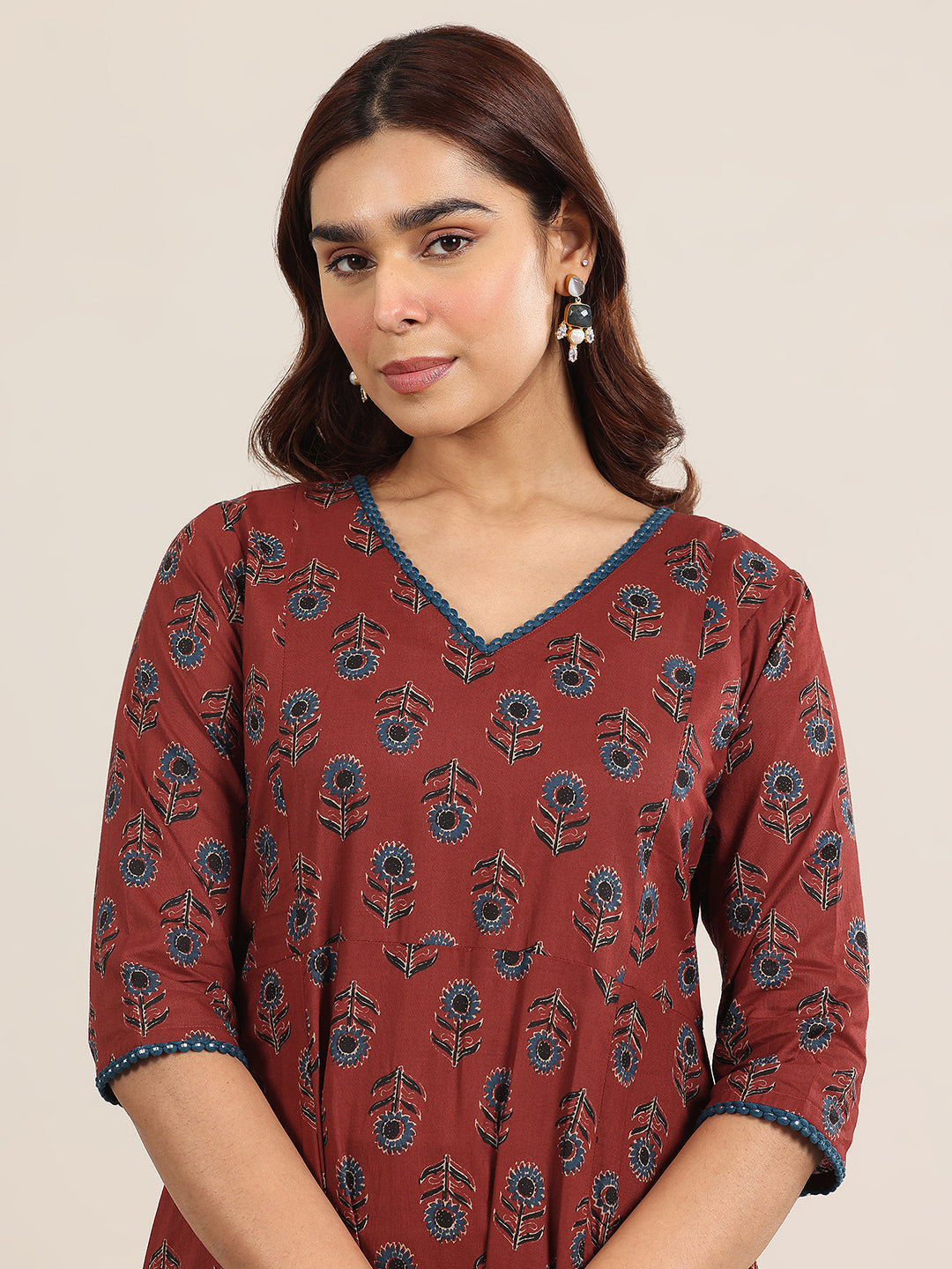 Maroon Printed Cotton A-Line Suit With Dupatta
