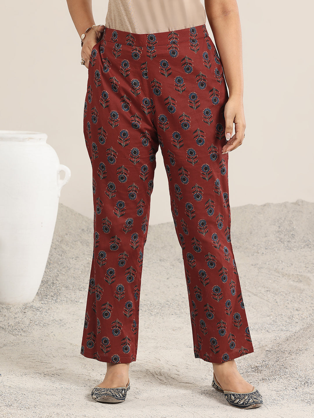 Maroon Printed Cotton A-Line Suit With Dupatta