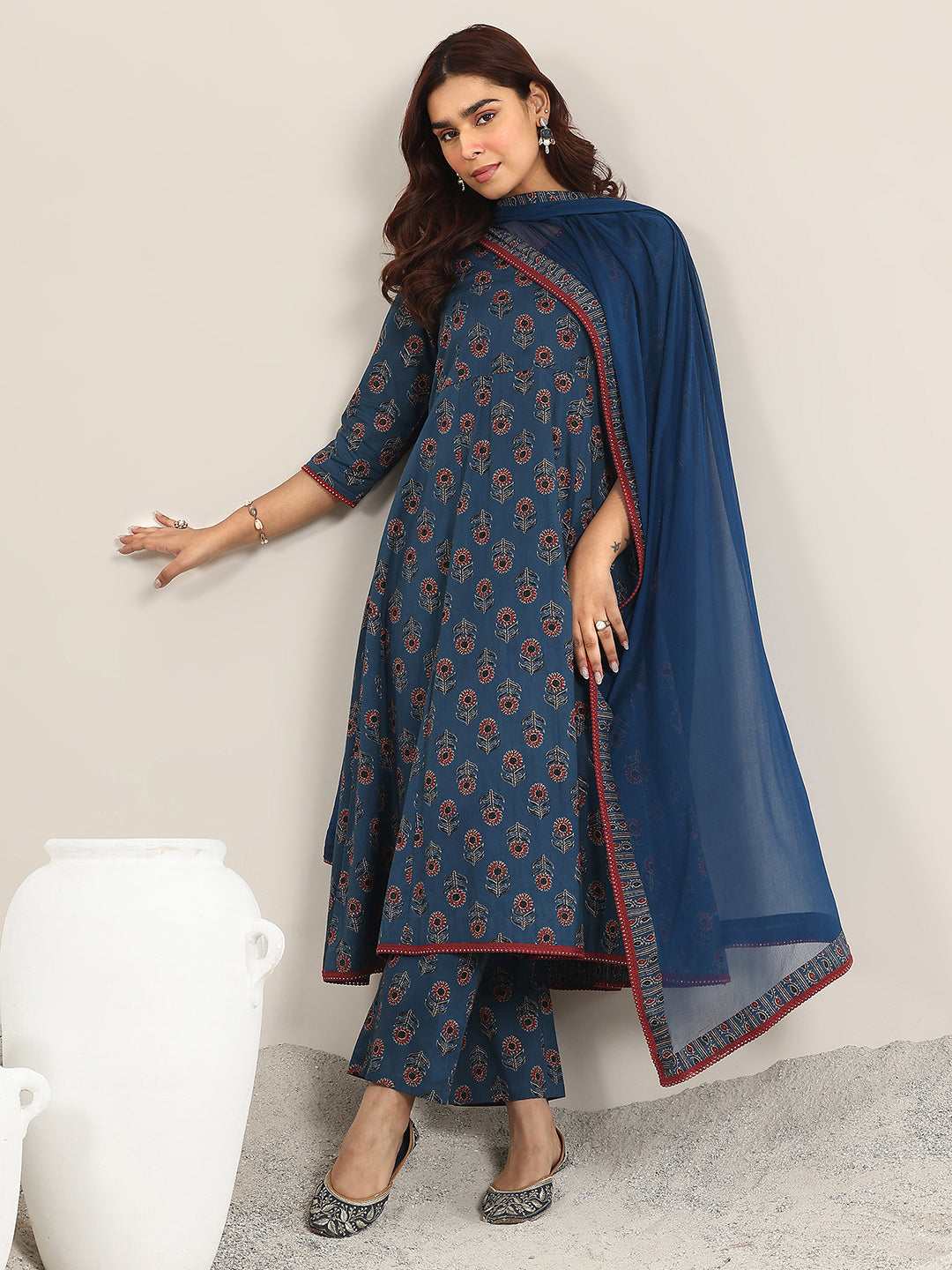 Navy Blue Printed Cotton A-Line Suit With Dupatta