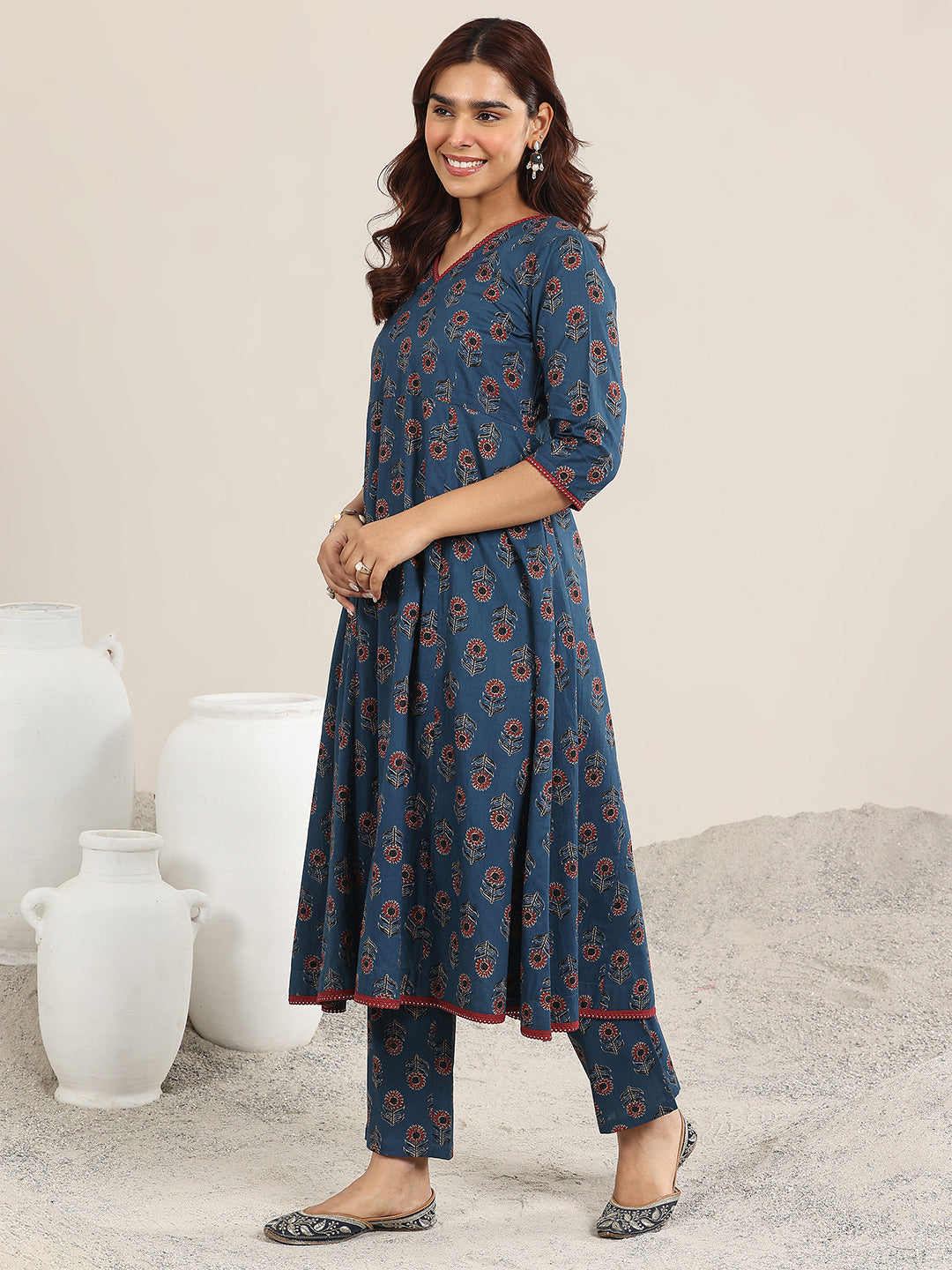 Navy Blue Printed Cotton A-Line Suit With Dupatta