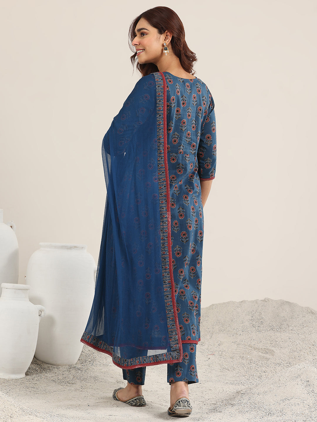 Navy Blue Printed Cotton A-Line Suit With Dupatta