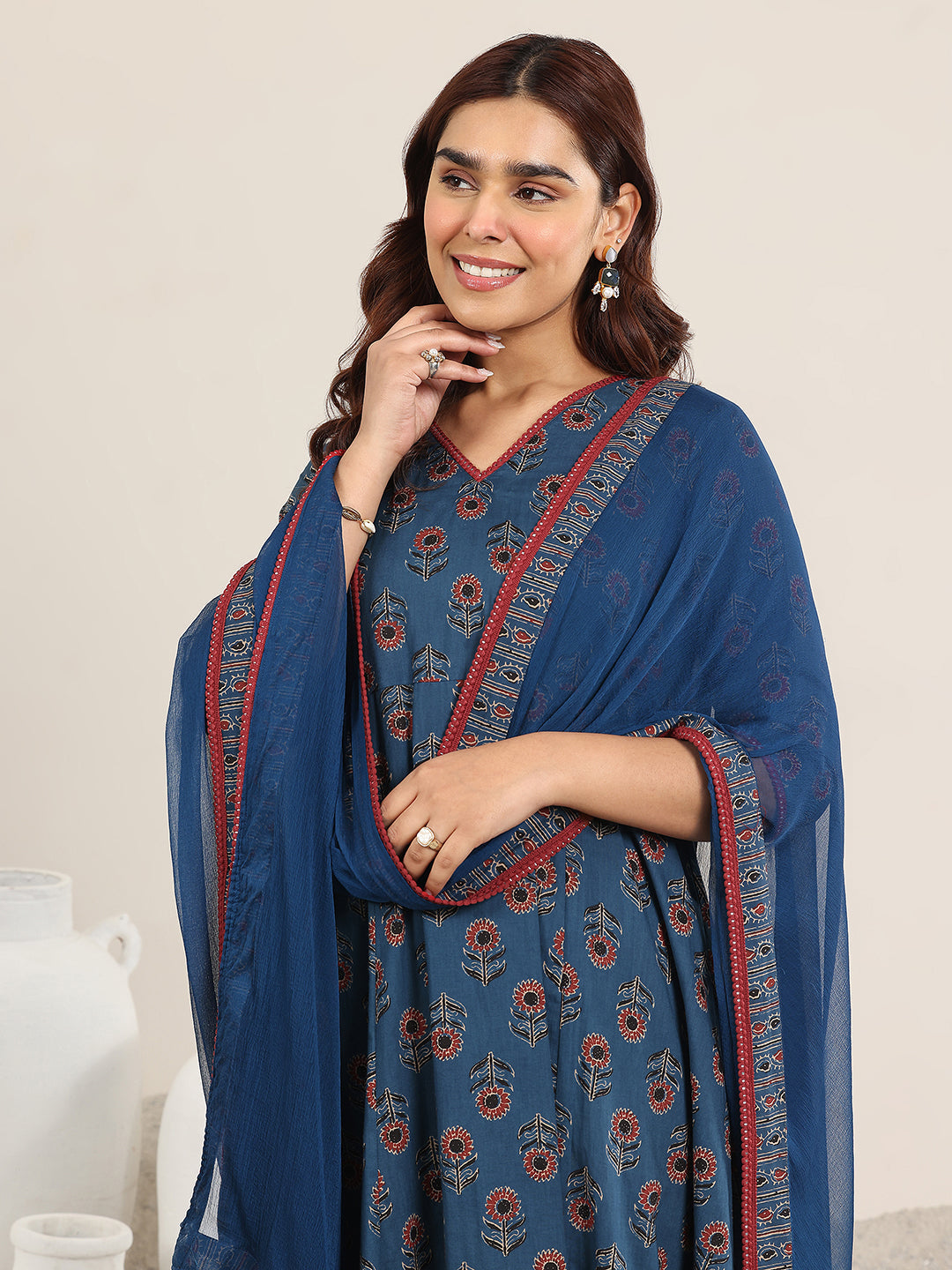 Navy Blue Printed Cotton A-Line Suit With Dupatta