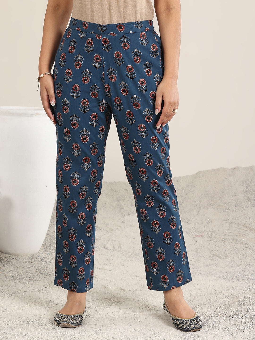 Navy Blue Printed Cotton A-Line Suit With Dupatta