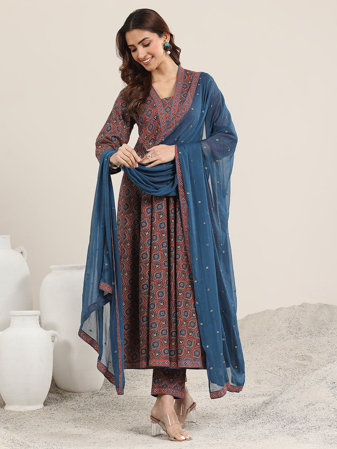 Maroon Printed Cotton Anarkali Suit With Dupatta