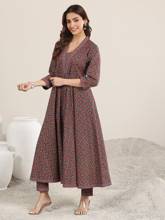 Maroon Printed Cotton Anarkali Suit With Dupatta