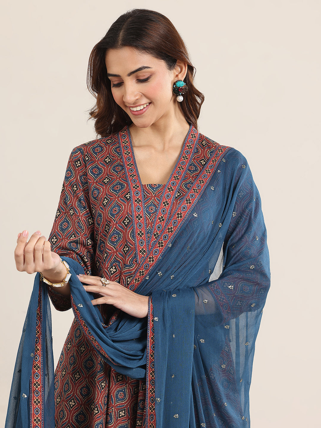 Maroon Printed Cotton Anarkali Suit With Dupatta