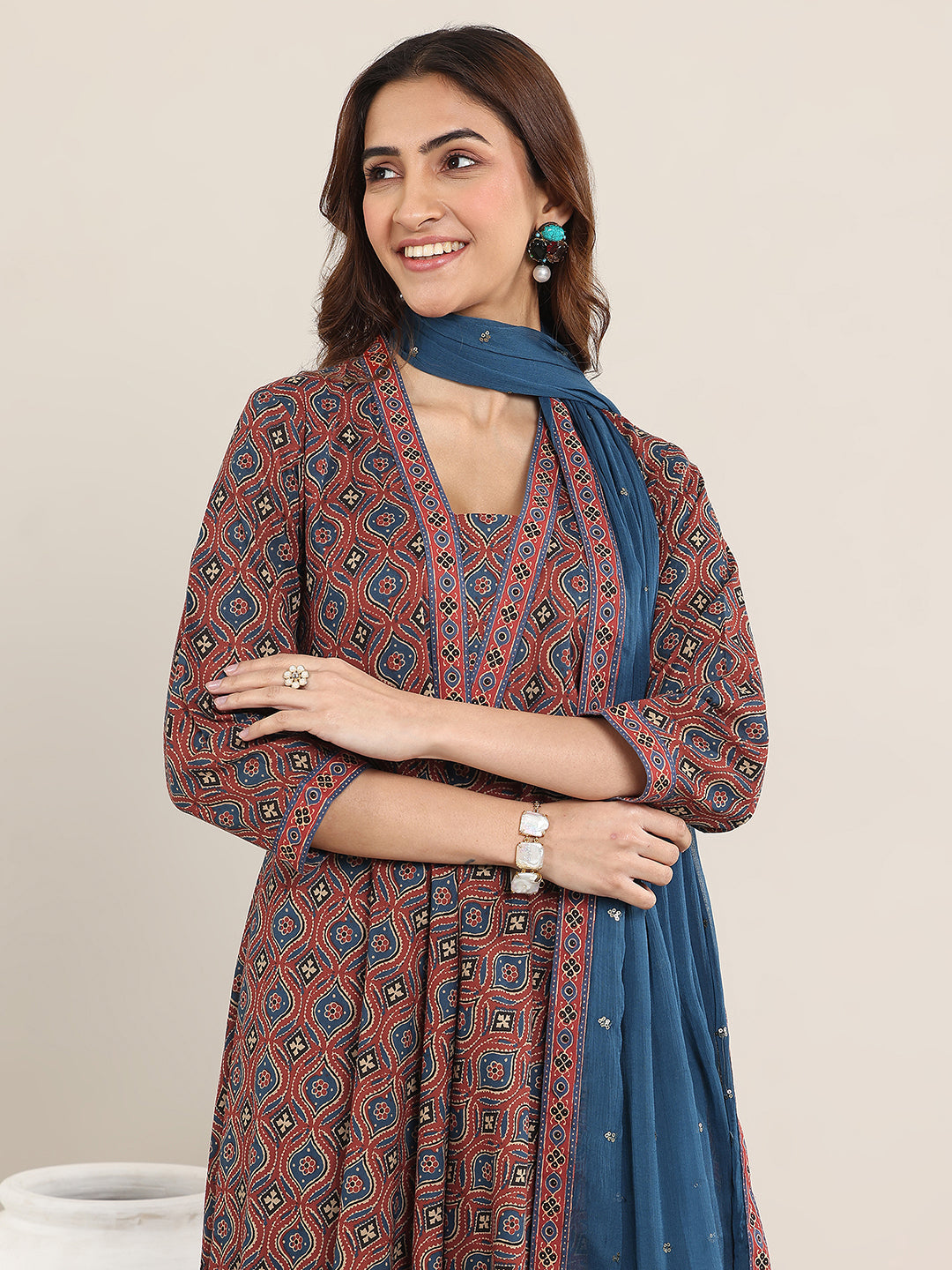 Maroon Printed Cotton Anarkali Suit With Dupatta