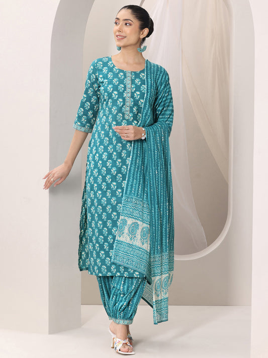Teal Printed Cotton Straight Suit Set With Dupatta