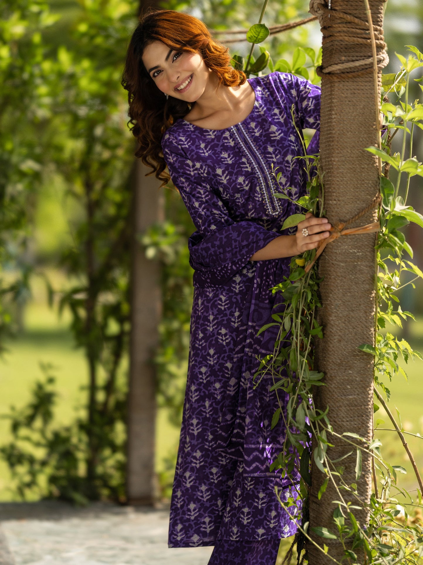 Purple Printed Cotton Straight Suit Set With Dupatta