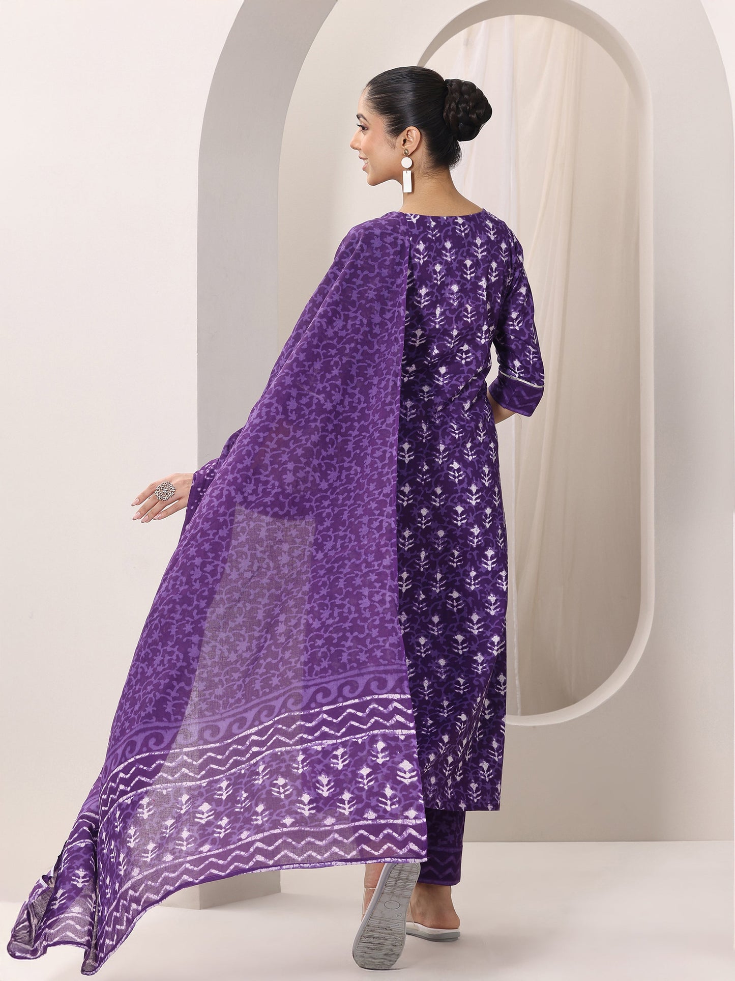 Purple Printed Cotton Straight Suit Set With Dupatta