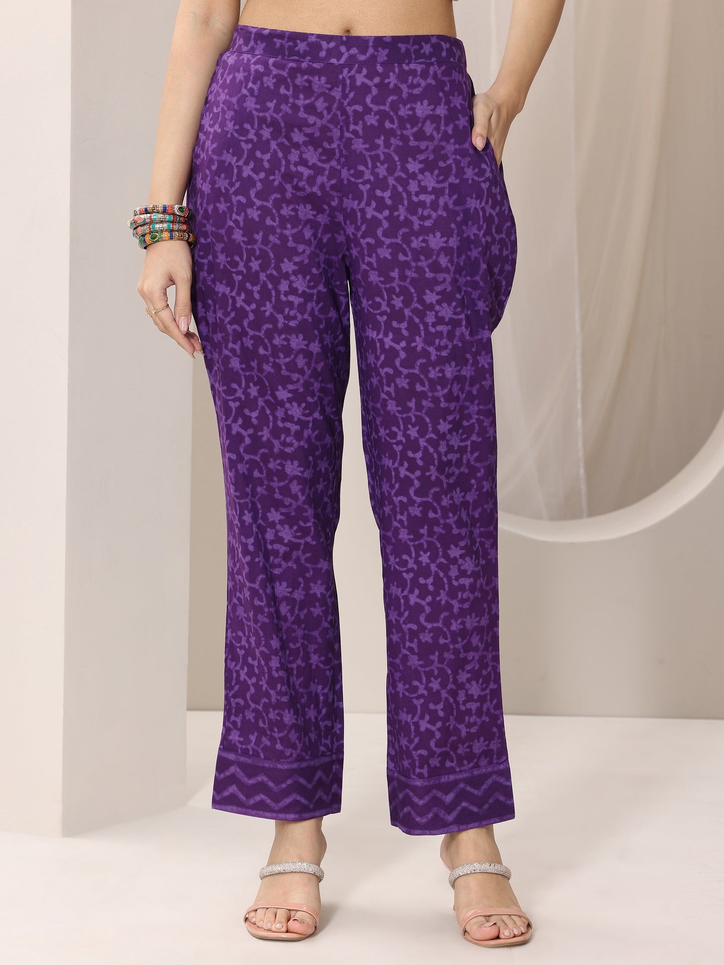 Purple Printed Cotton Straight Suit Set With Dupatta