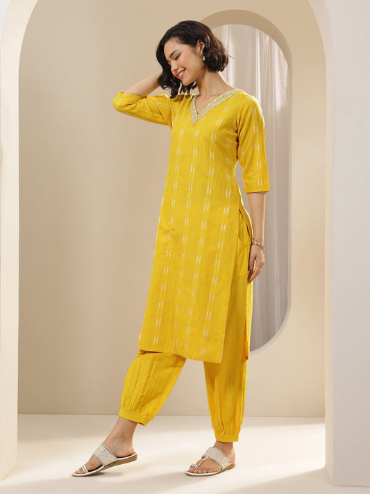 Yellow Self Design Cotton Blend Straight Suit Sets With Dupatta