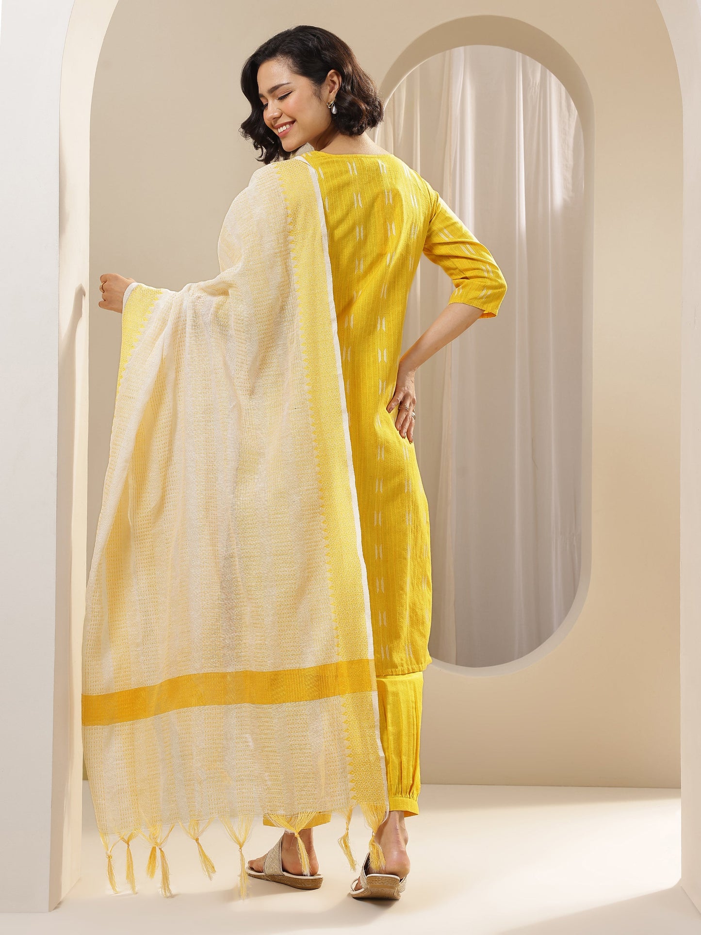 Yellow Self Design Cotton Blend Straight Suit Sets With Dupatta