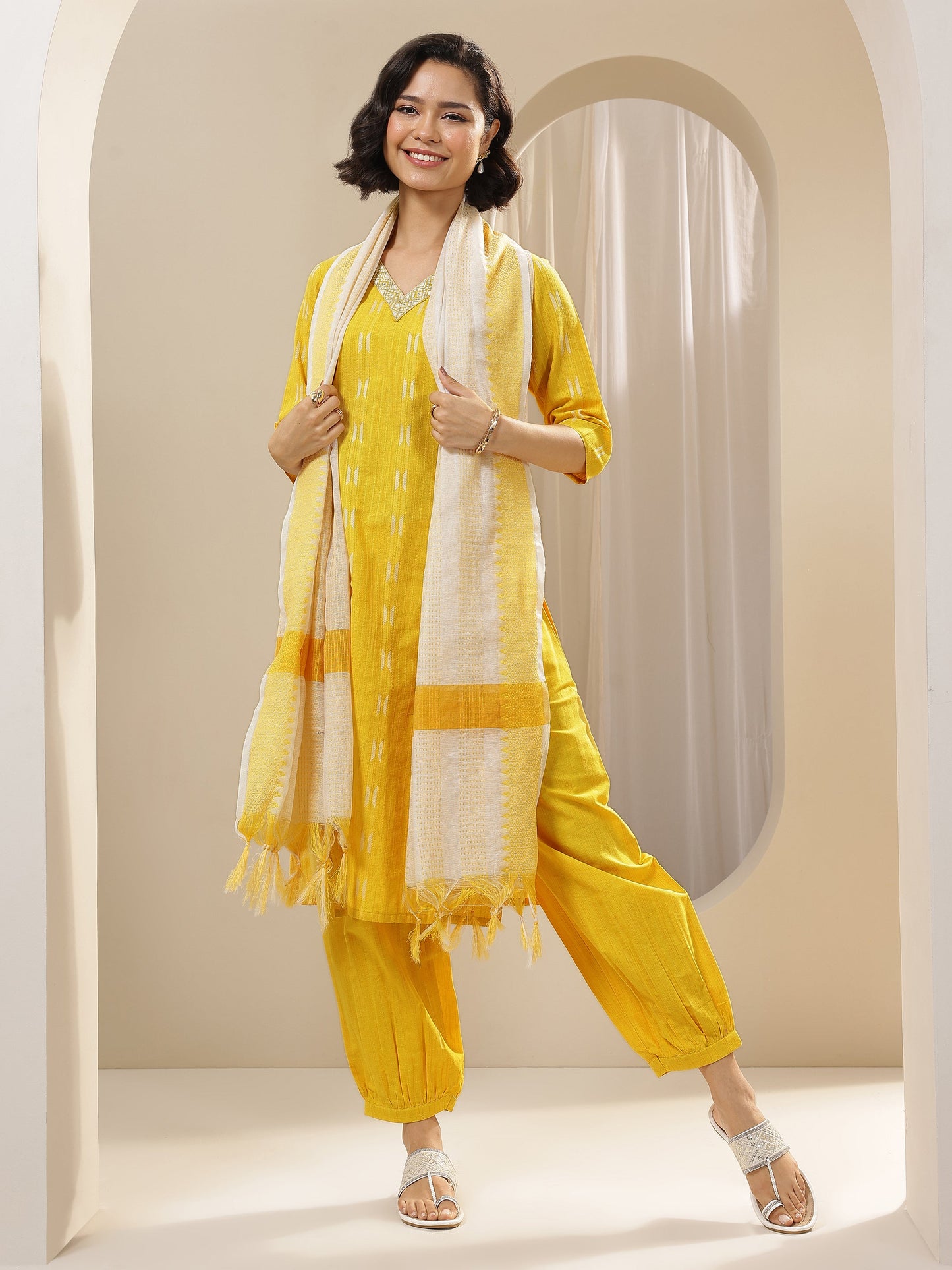 Yellow Self Design Cotton Blend Straight Suit Sets With Dupatta